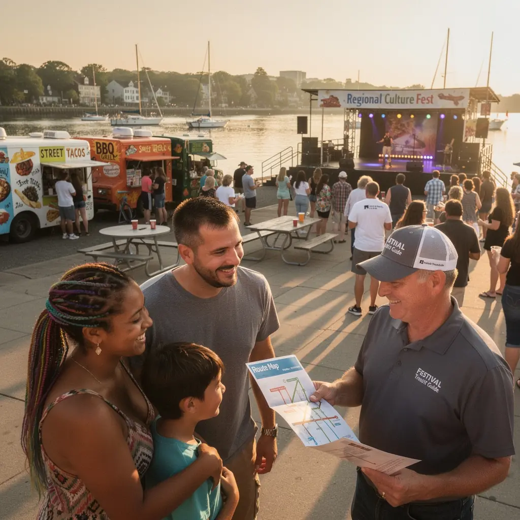 Rodzina podróżująca razem na festiwal, korzystająca z transportu publicznego