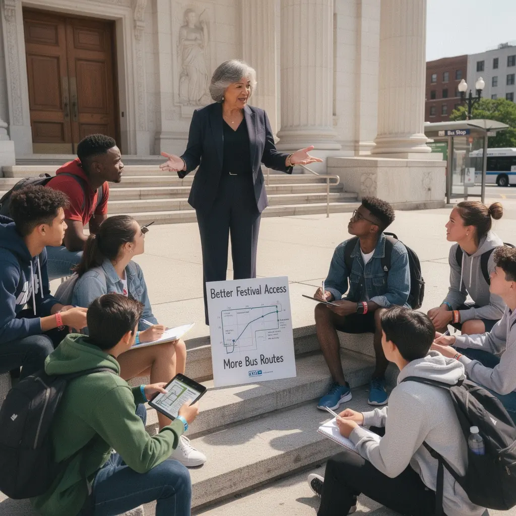 Widok na zatłoczoną ulicę podczas festiwalu, z festiwalowymi dekoracjami
