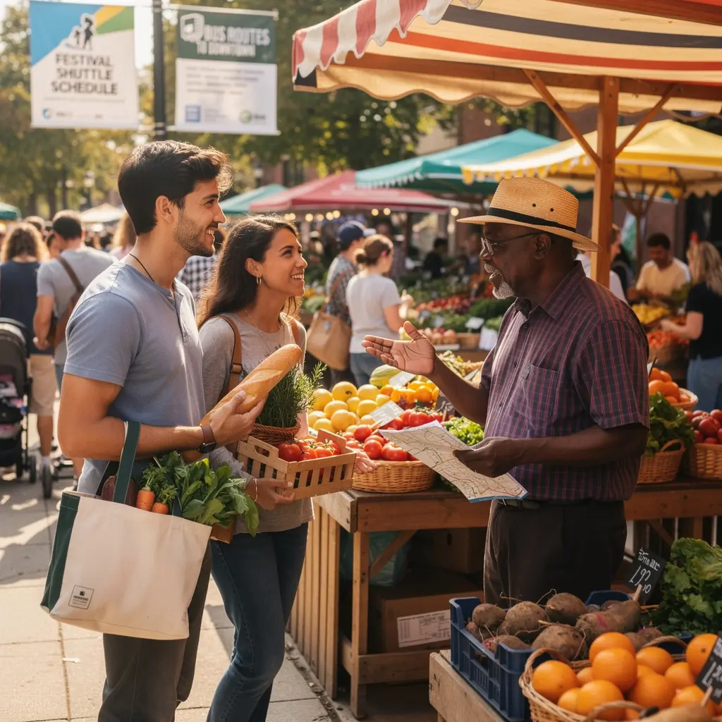 Rodzina ciesząca się lokalnym festiwalem, otoczona kolorowymi straganami.
