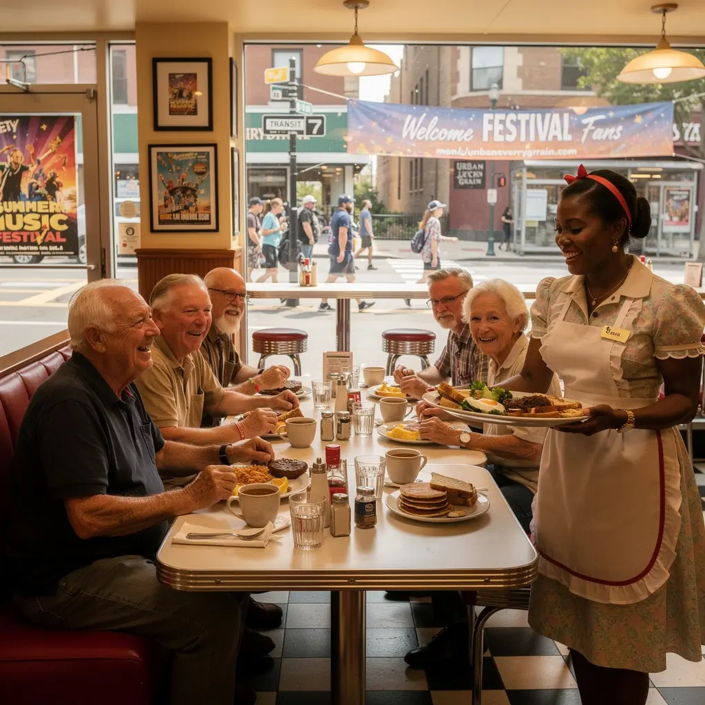 Autobus komunikacji miejskiej zatrzymujący się przy festiwalu z pasażerami.