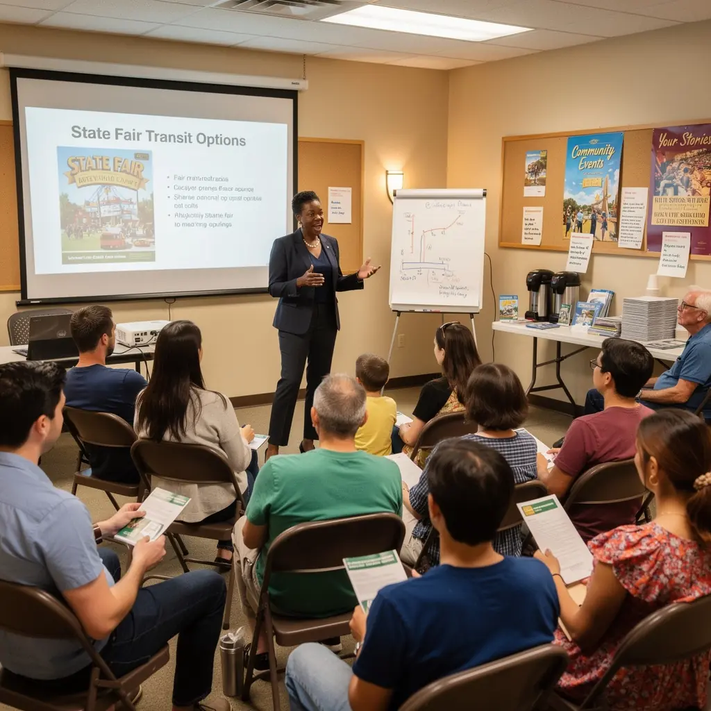 Kiosk informacyjny z ulotkami o lokalnych festiwalach i opcjach transportu.